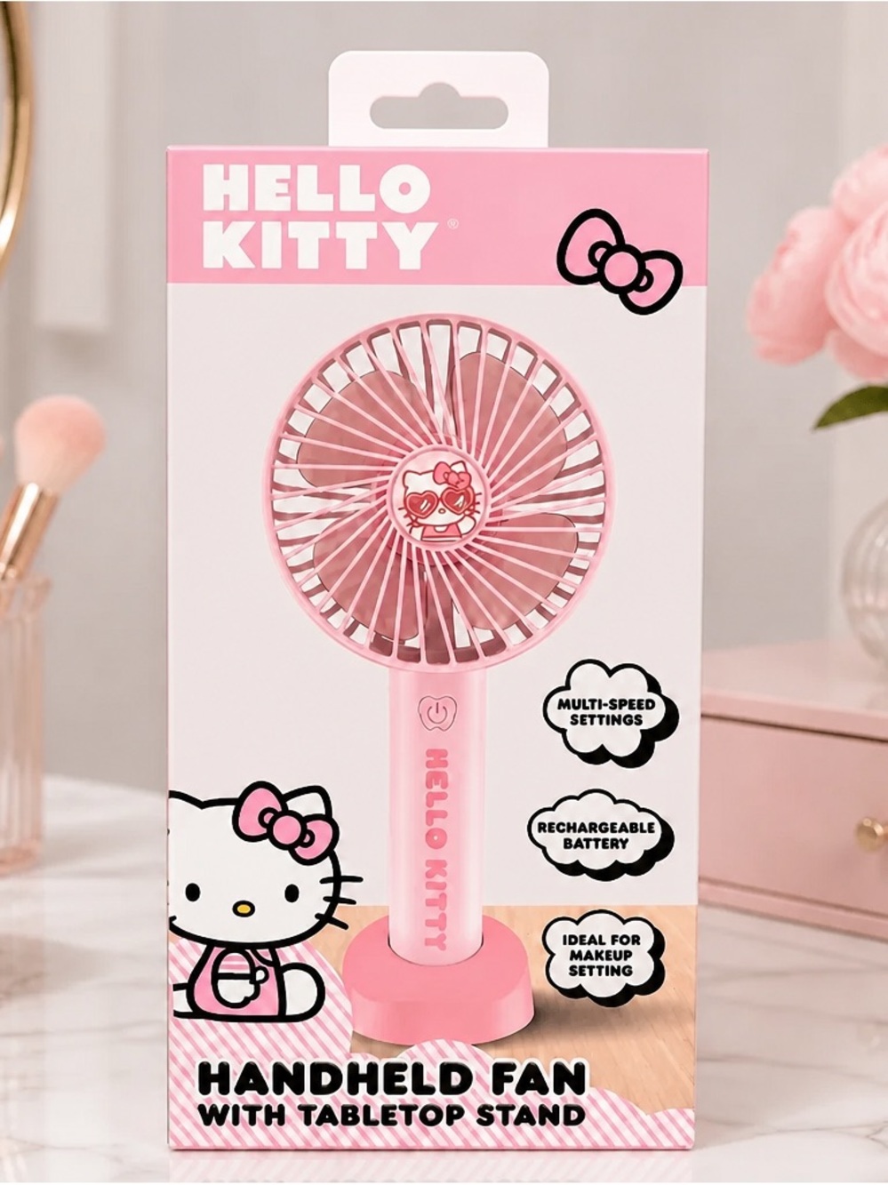 Hello Kitty Pink Handheld Fan with Tabletop Stand